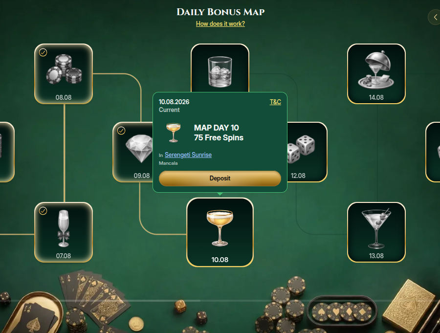 Cash Lounge Casino Daily Bonus Map